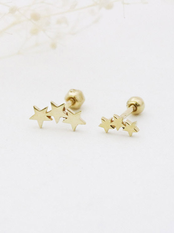 14K Gold Triple Star Cartilage Earring 18G16G