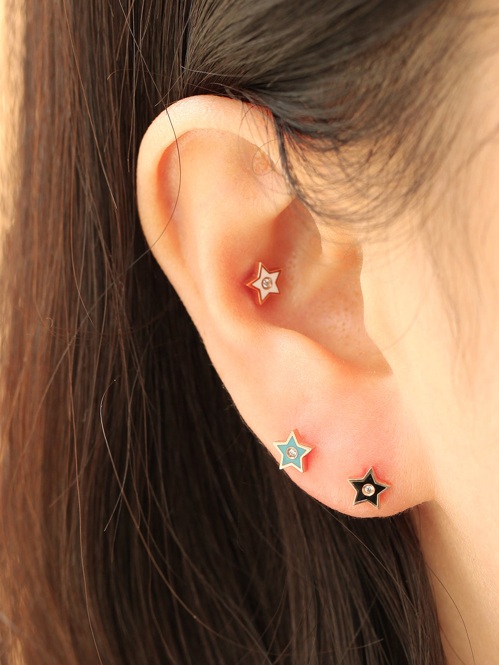 14K Gold Enamel Cubic Star Cartilage Earring 18G16G