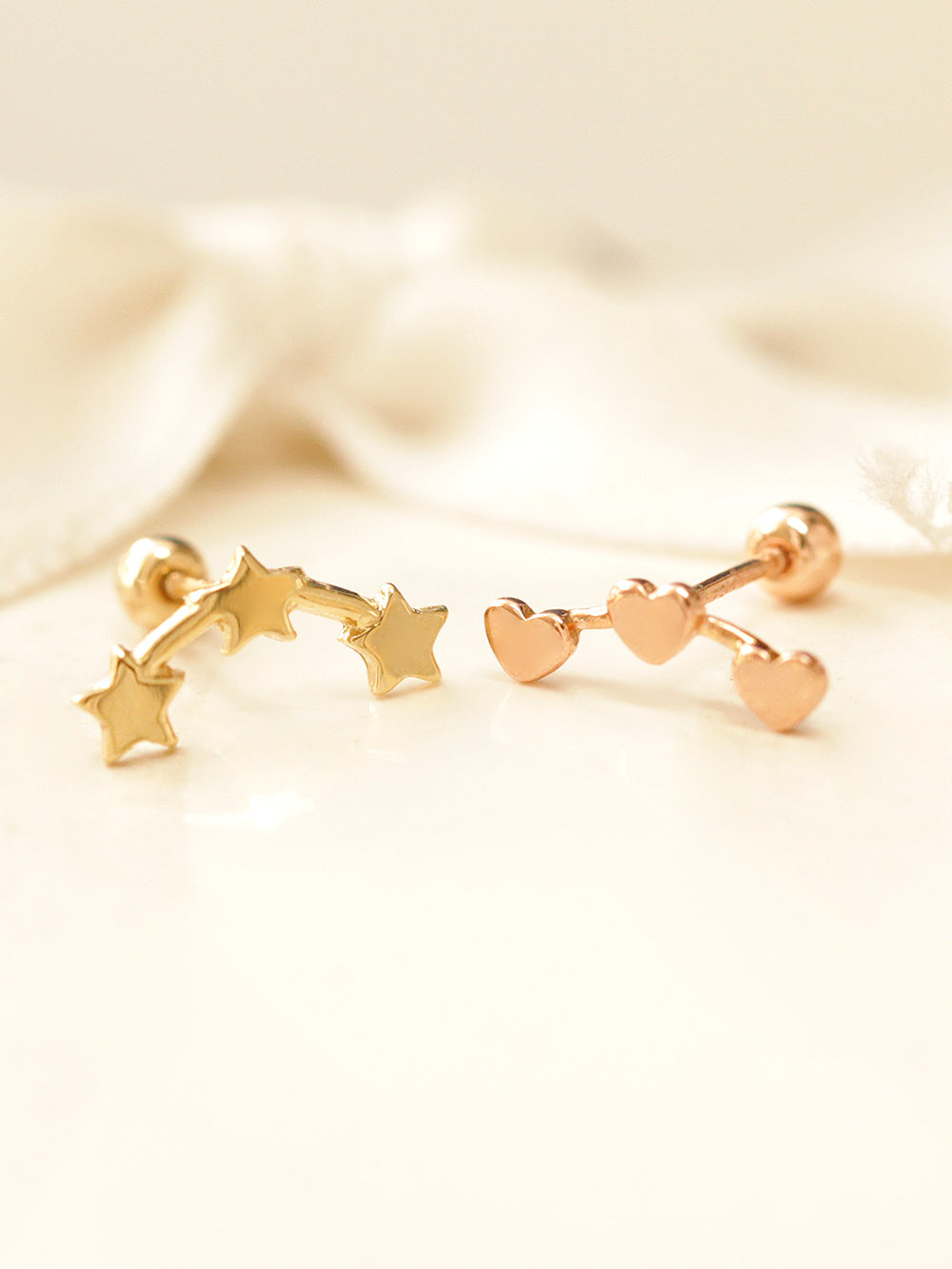 14K gold Triple Star & Heart cartilage earring 20g