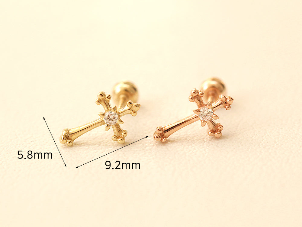 14K Gold Antique Cross Cartilage Earring 20G