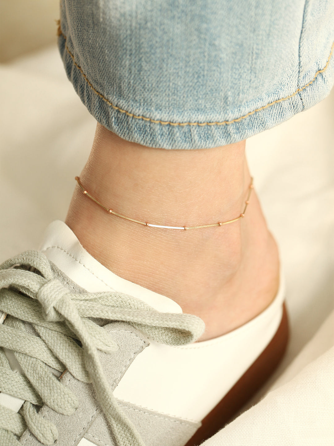 14K Gold One Line Mini Ball Snake Anklet Bracelet