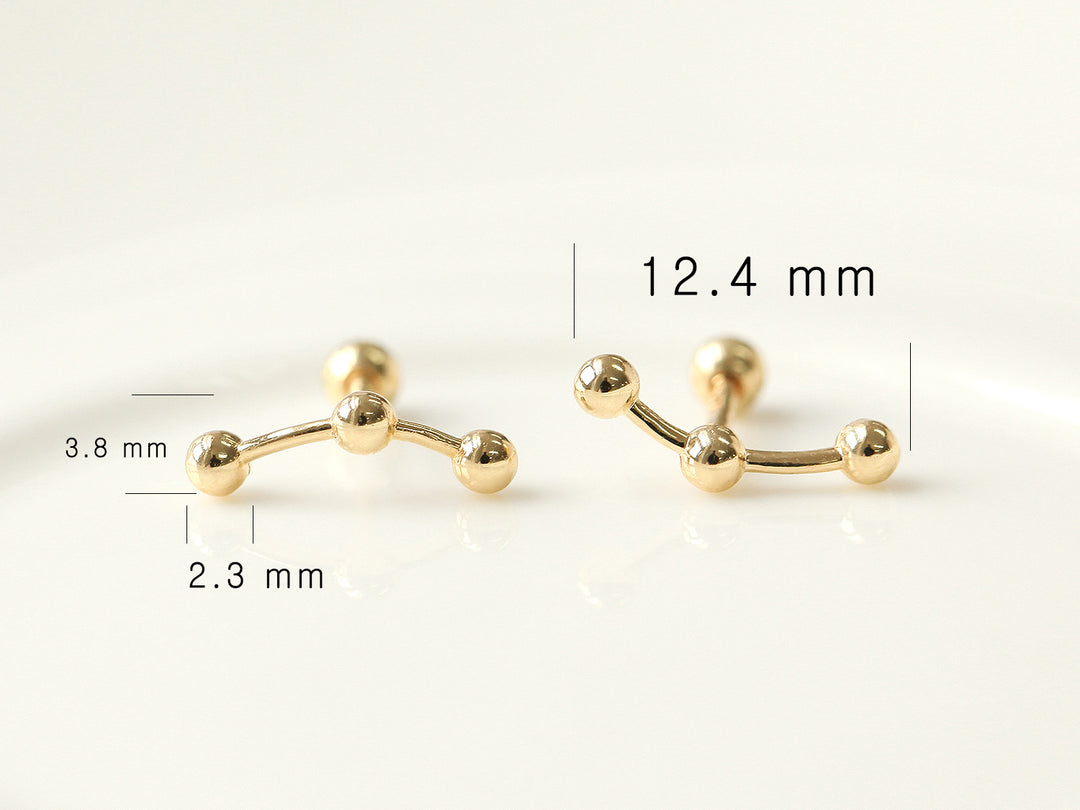 14K gold Triple Ball cartilage earring 18g16g