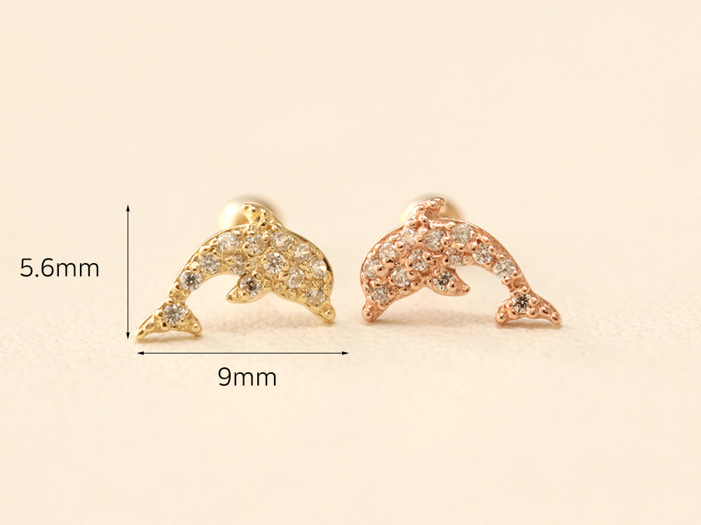 14K Gold Bling Dolphin Cartilage Earring 20G