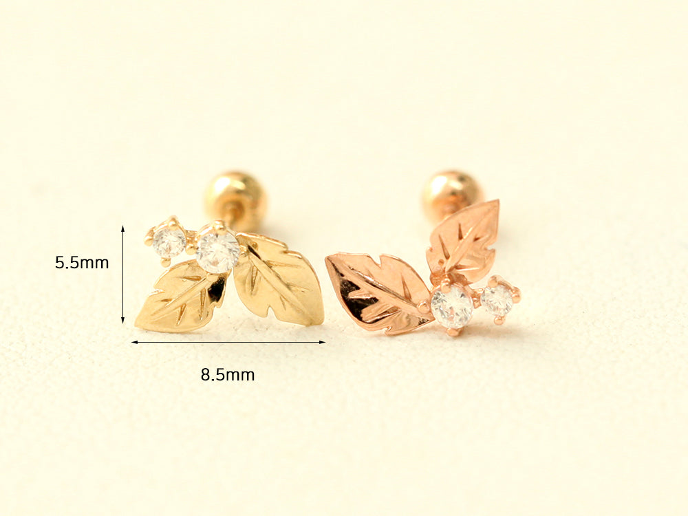 14K gold Fruit Cubic Leaf cartilage earring 20g