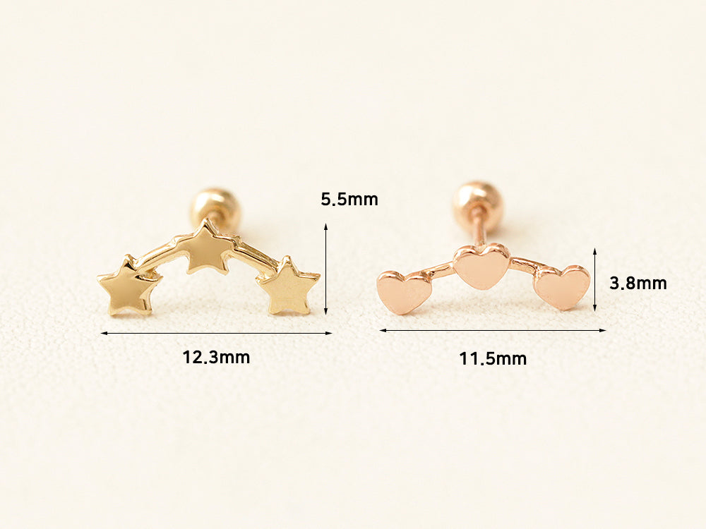 14K gold Triple Star & Heart cartilage earring 20g