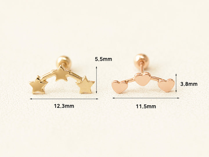 14K gold Triple Star & Heart cartilage earring 20g