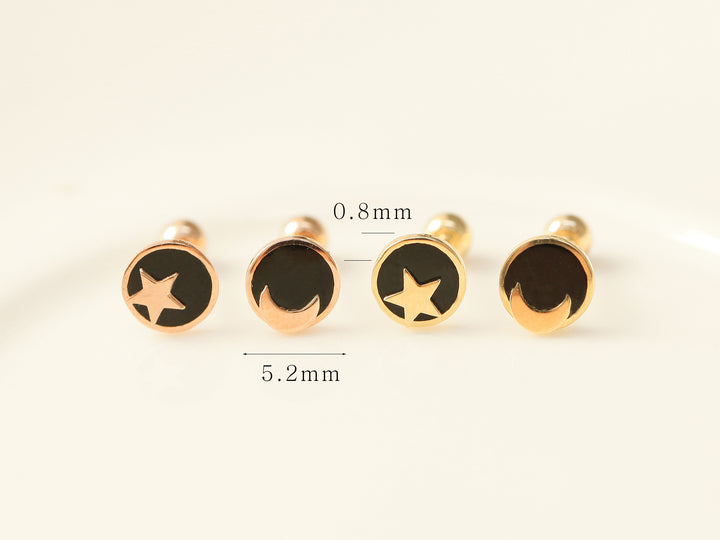 14K gold Black Star Moon cartilage earring 20g