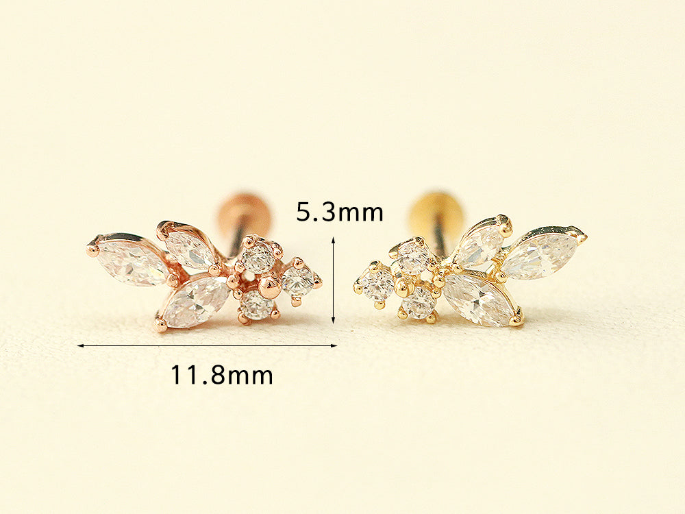 14K Gold Internal Bling Curve Leaf Labret Piercing 18G16G