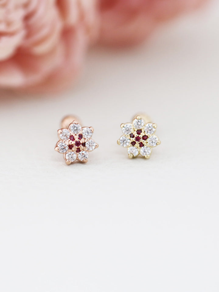 14K Gold Volume Ruby Flower Cartilage Earring 18g16g