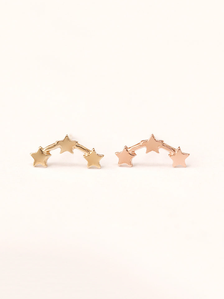 14K Gold Triple Curved Stars Stud Earring