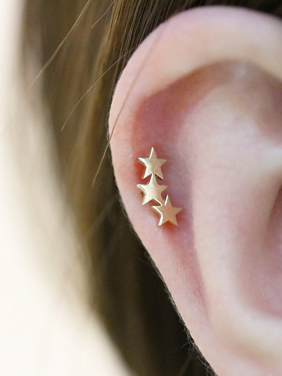 14K Gold Triple Star Cartilage Earring 18G16G