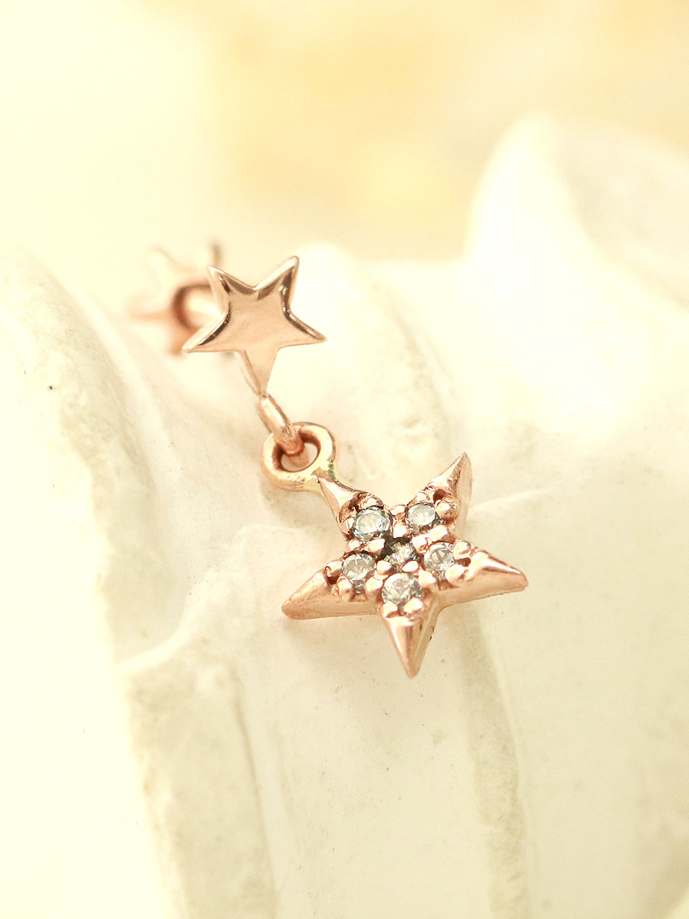 14K Gold Double Star Drop Cartilage Earring 18G