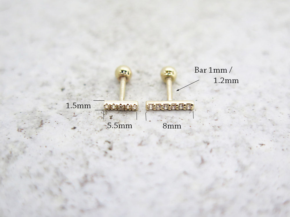 14K Gold CZ Stick Cartilage Earring S,L 18G16G