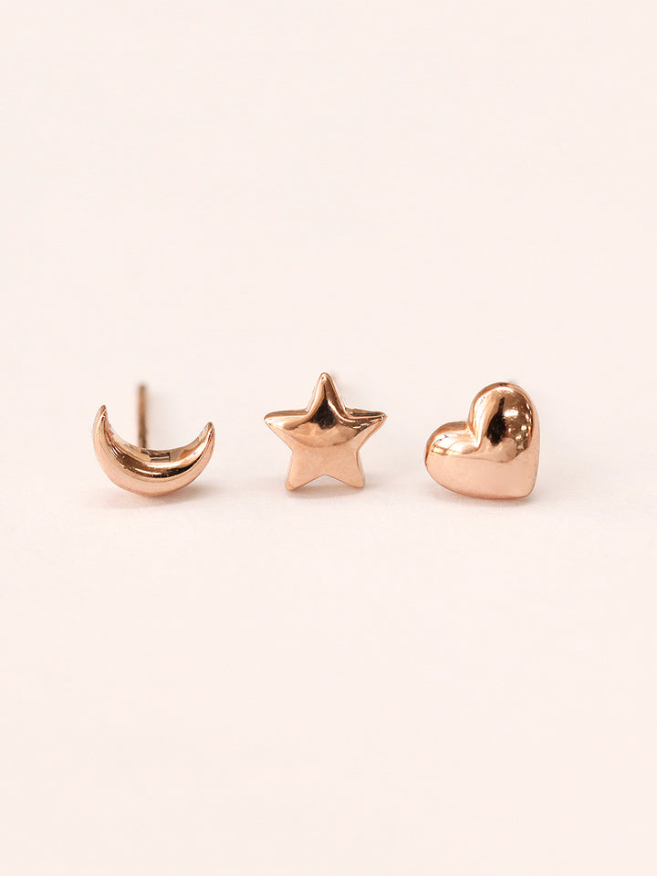 14K Gold Voluminous Crescent, Star, Heart Stud Earring