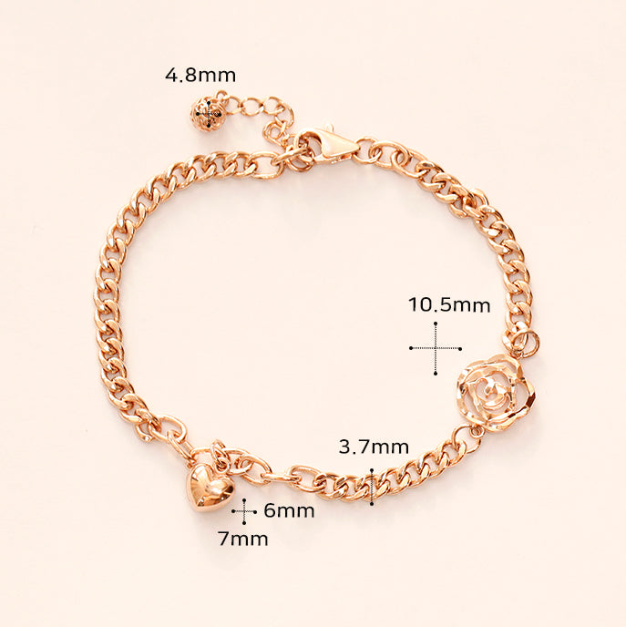 14K Gold Rose Heart Chain Bracelet