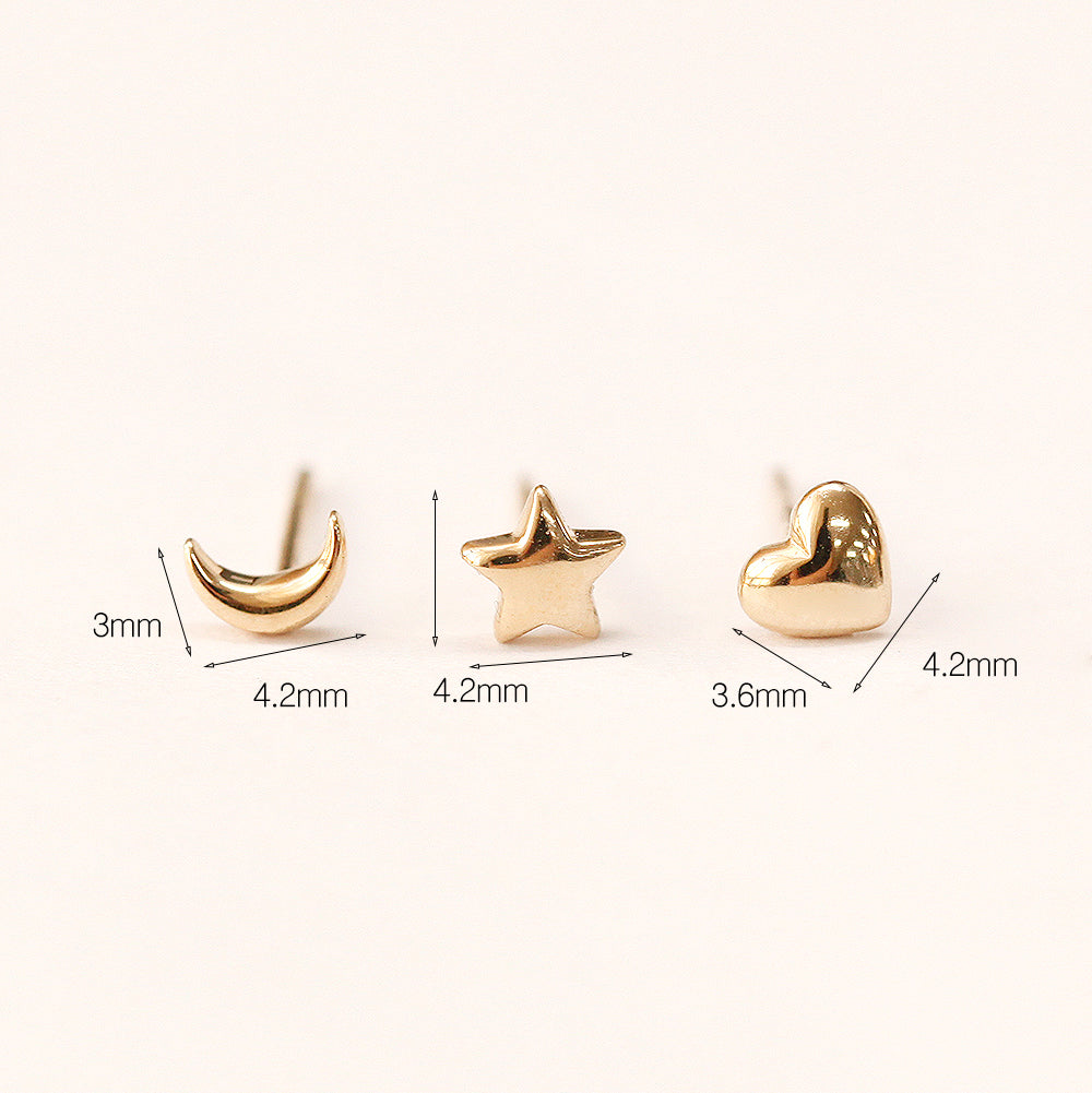 14K Gold Mini Heart,Star,Crescent Stud Earring