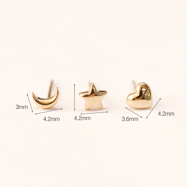 14K Gold Mini Heart,Star,Crescent Stud Earring