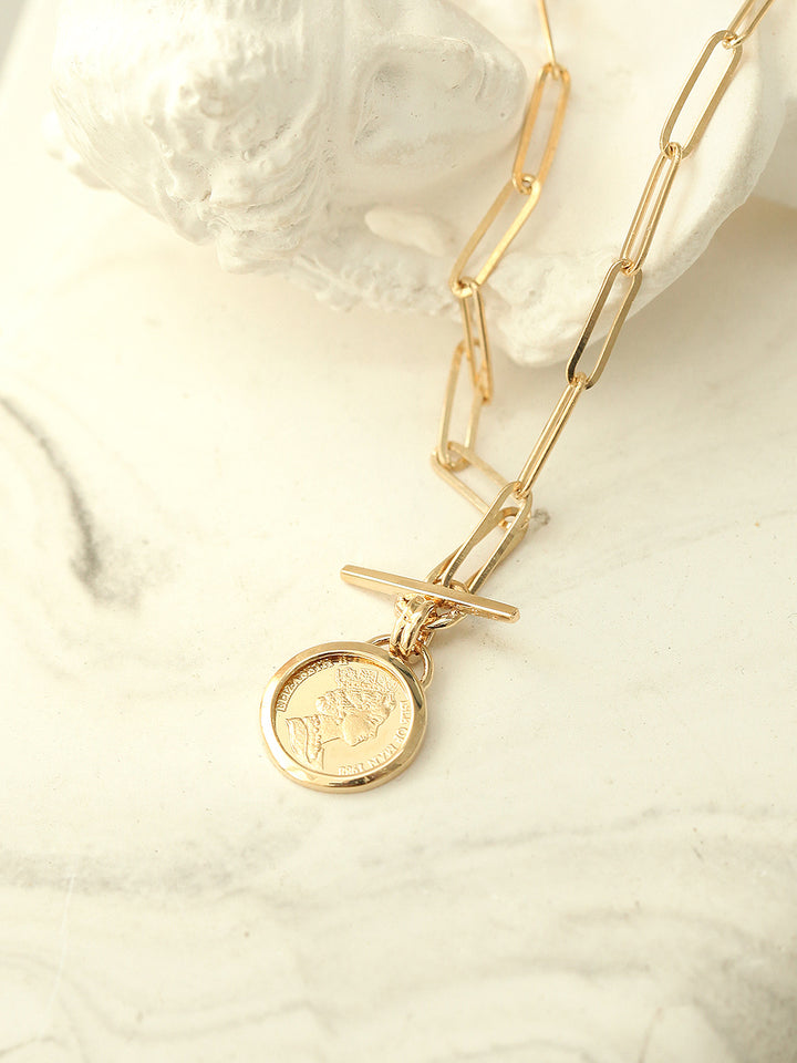 14K Gold Elizabeth Coin Square Chain Necklace