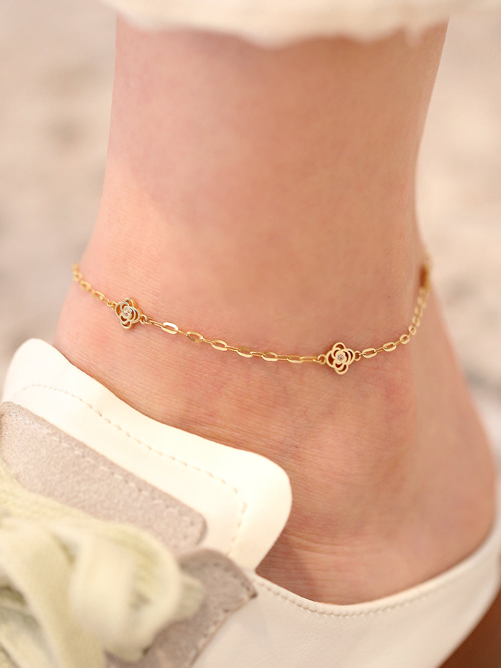 14K Gold Cubic Rose Chain Anklet