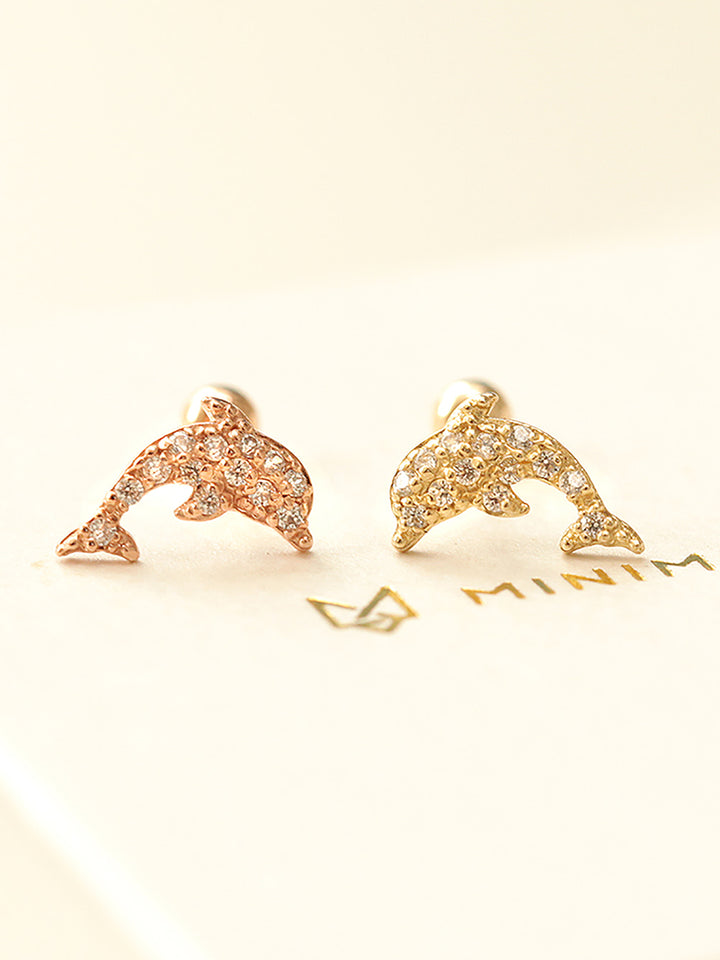 14K Gold Bling Dolphin Cartilage Earring 20G