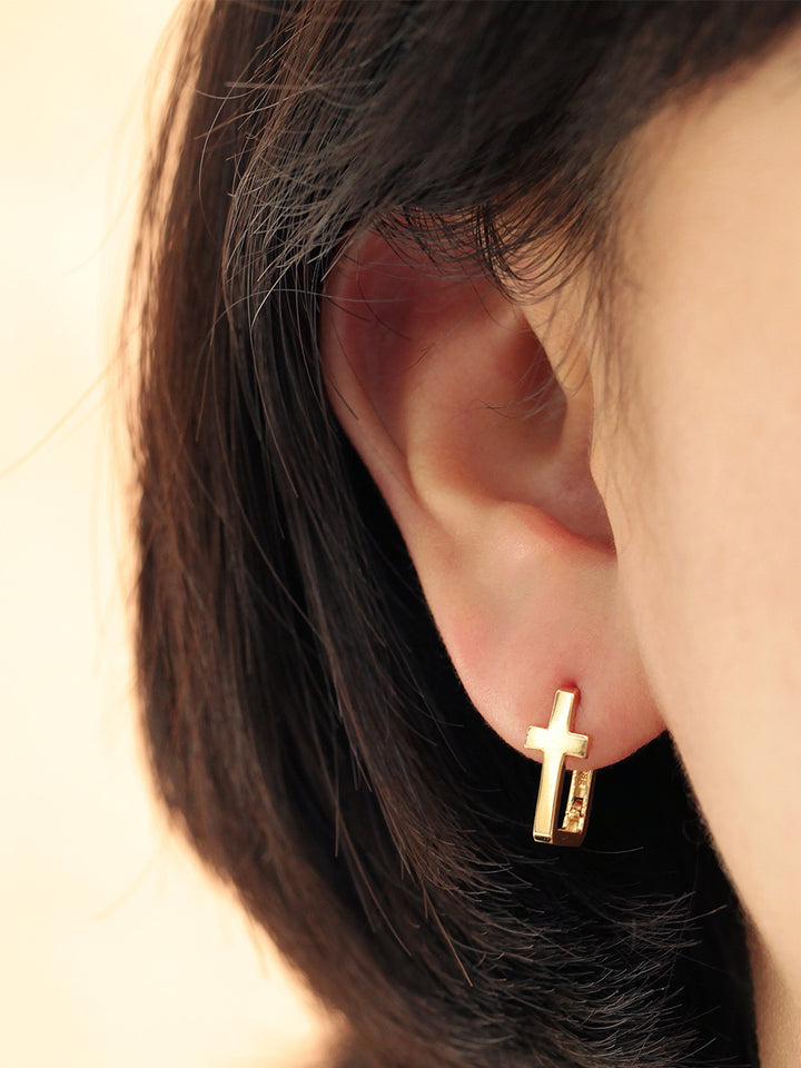 14K Gold Cross Cubic Hoop Earring