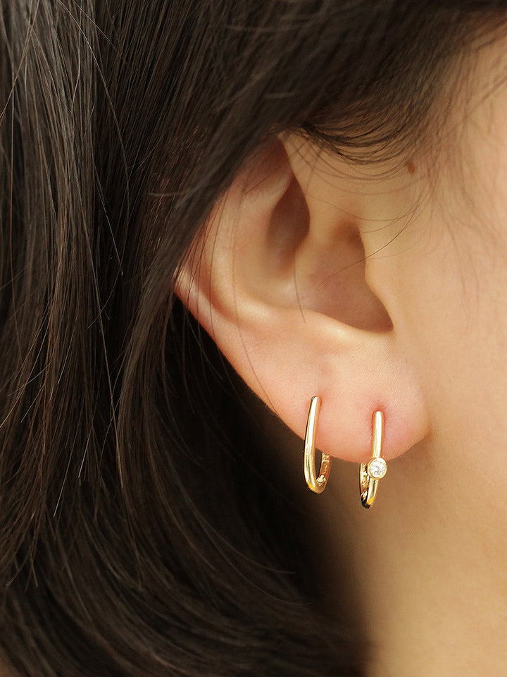 14K Gold Slim Plain & Cubic Hoop Earring