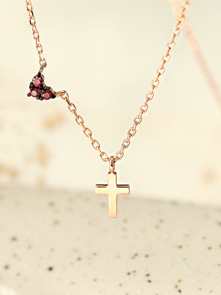 14K Gold Ruby Heart Cross Necklace