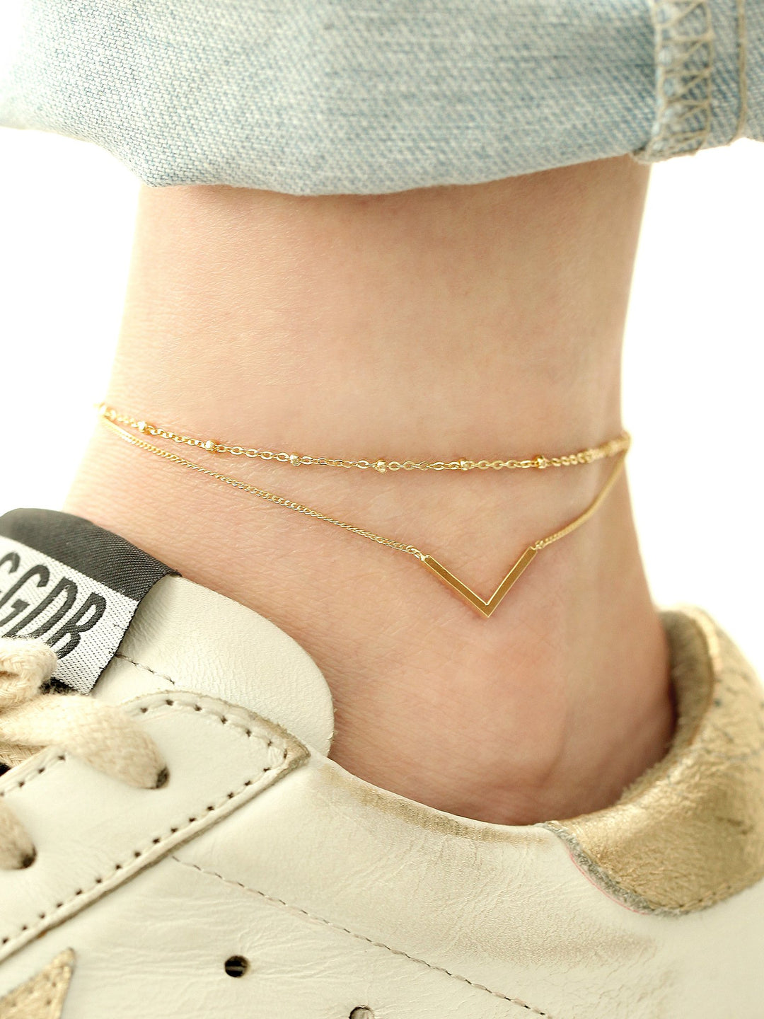 14K 18K Gold V Line Ball Anklet