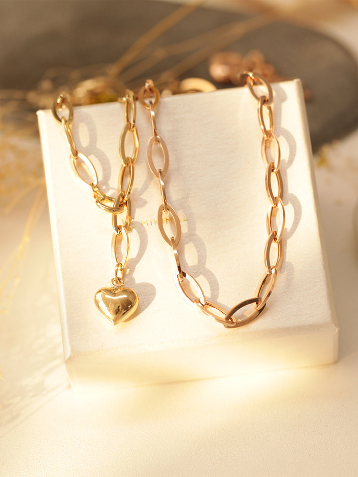 14K Gold Heart Round Chain Necklace