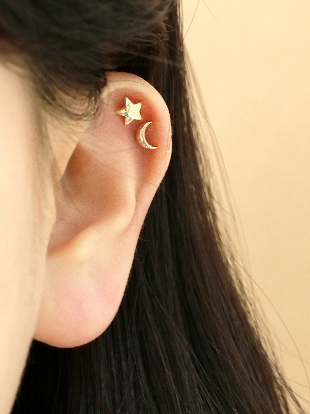 14K Gold Voluminous Crescent, Star, Heart Stud Earring