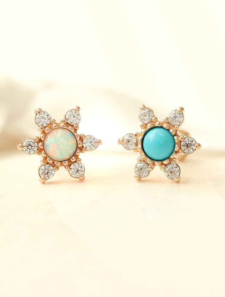 14K Gold Opal & Turquoise Cubic Cartilage Earring 18G16G