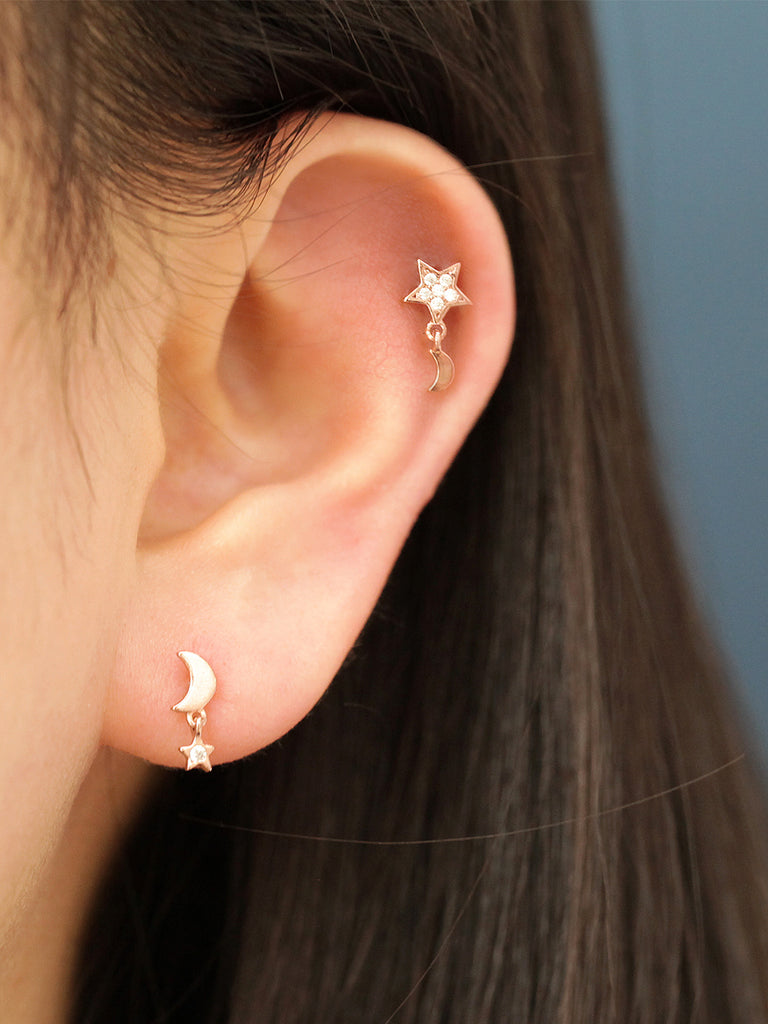 Moon and Star Double Piercing Earring 10k Gold