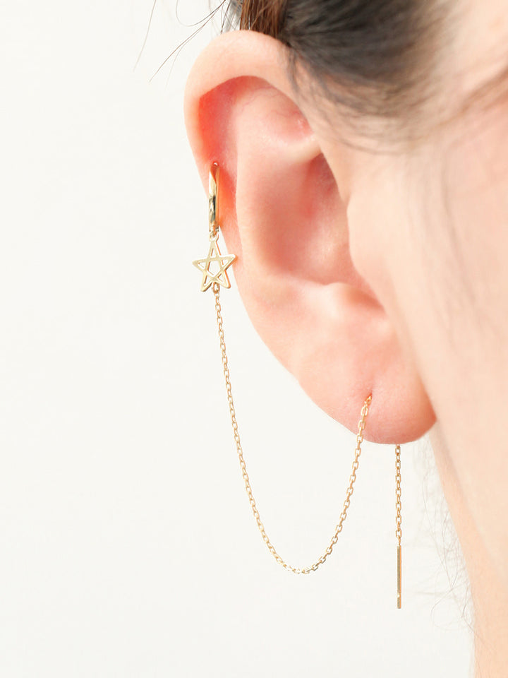 14K Gold Star Long Drop Hoop Earring