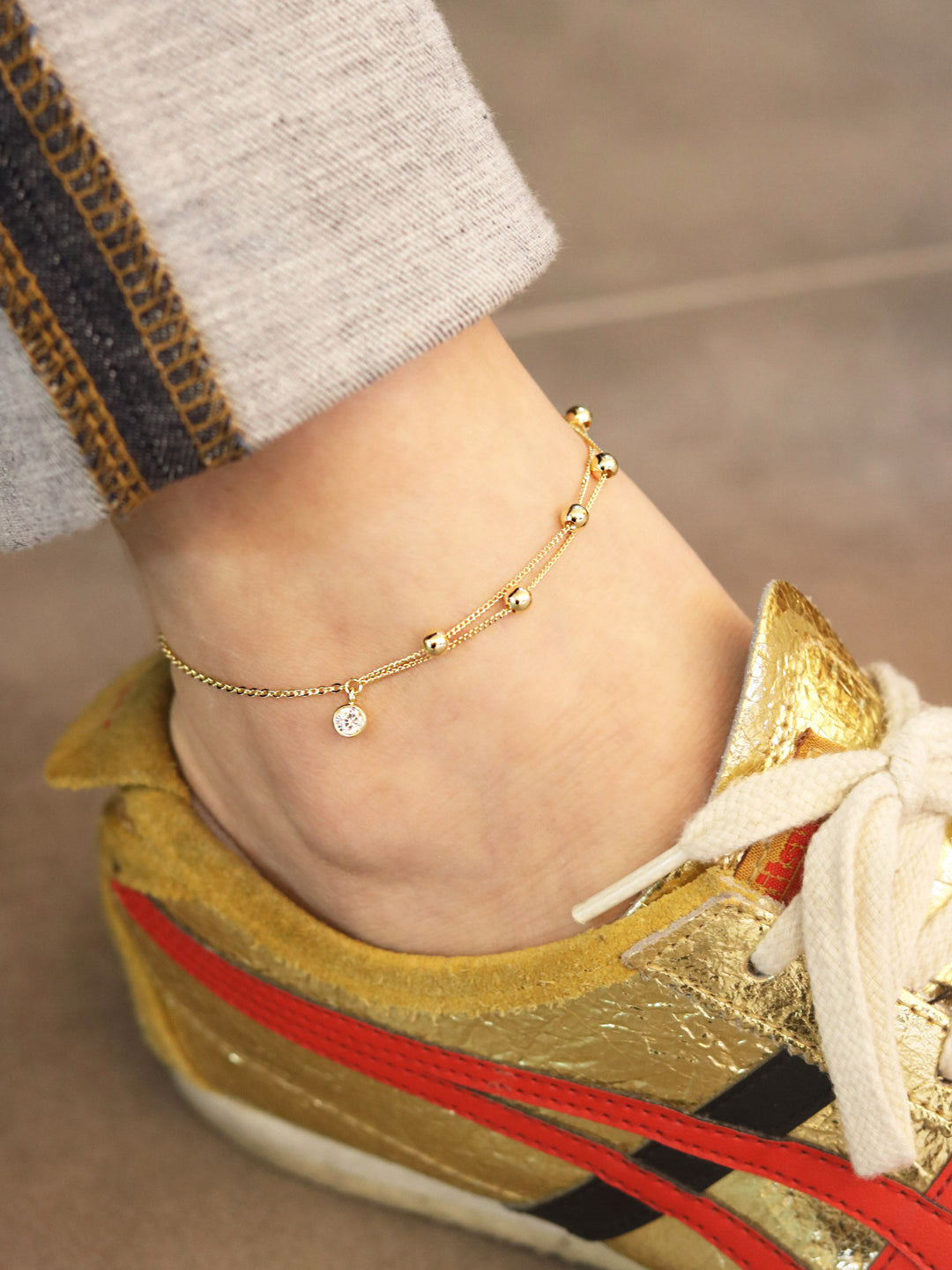 14K Gold Layered Ball Cubic Anklet