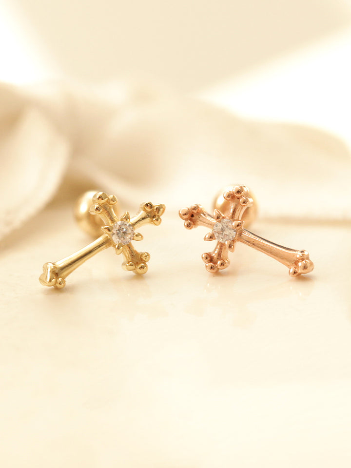 14K Gold Antique Cross Cartilage Earring 20G