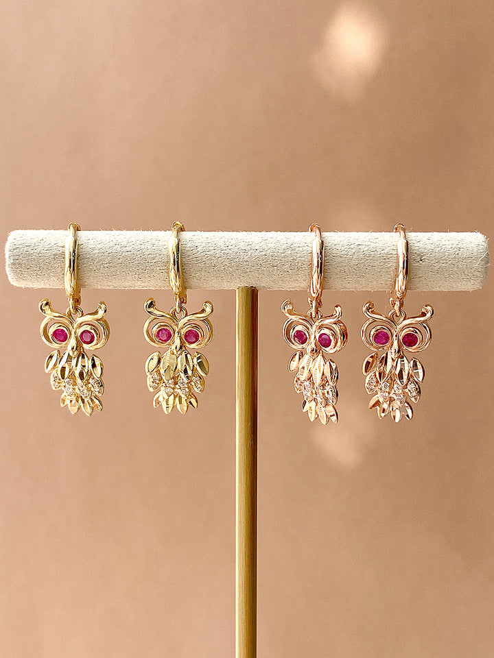 14K 18K Gold Owl Hoop Earring