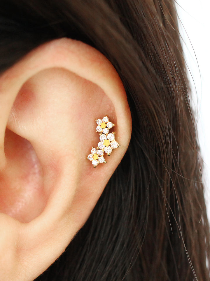 14K Gold Triple Flower Point Cartilage Earring 18G16G