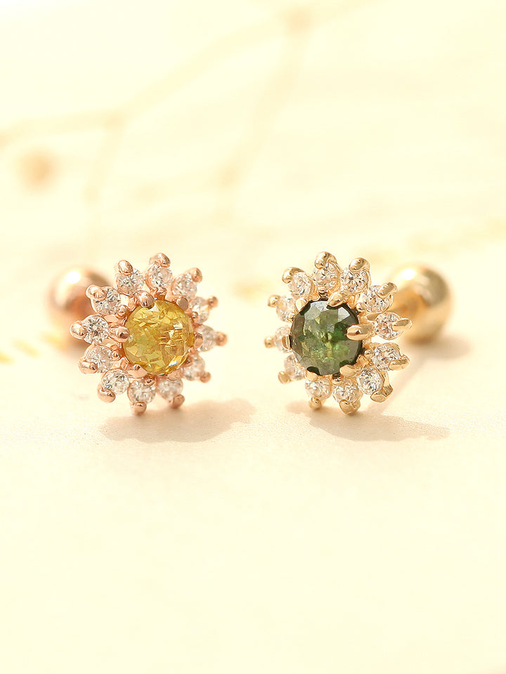 14K gold sun flower Rough Diamond cartilage earring 20g