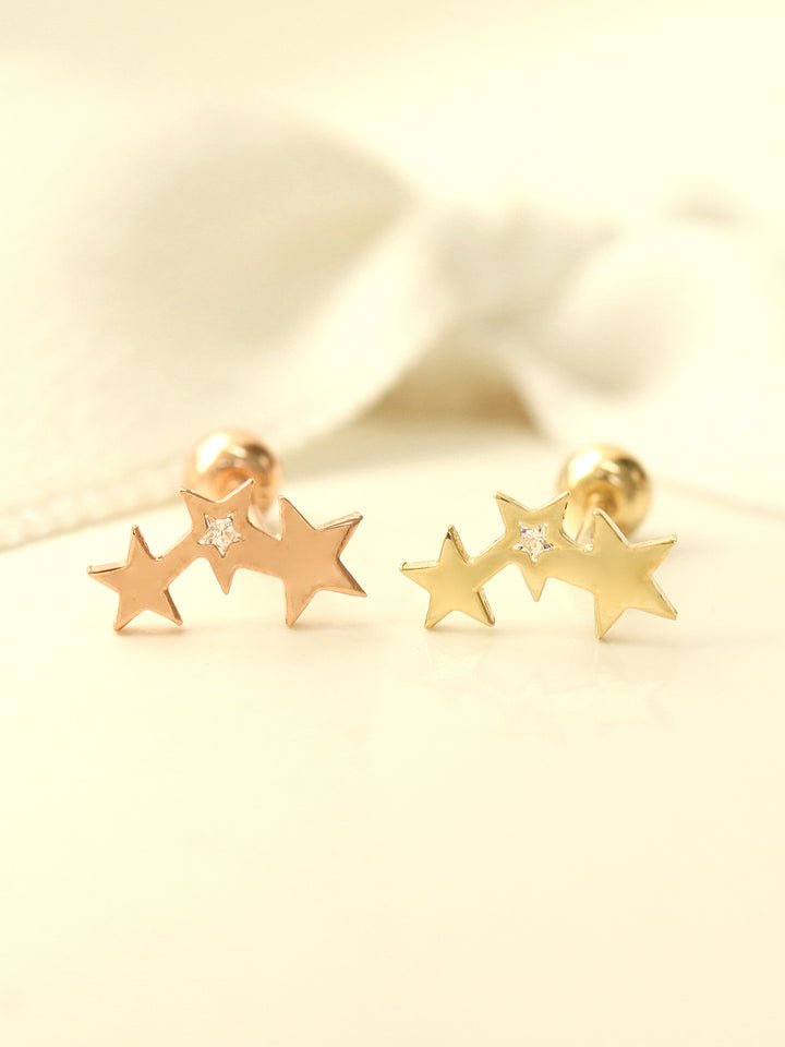 14K gold Triple Star Cubic Cartilage Earring 20G