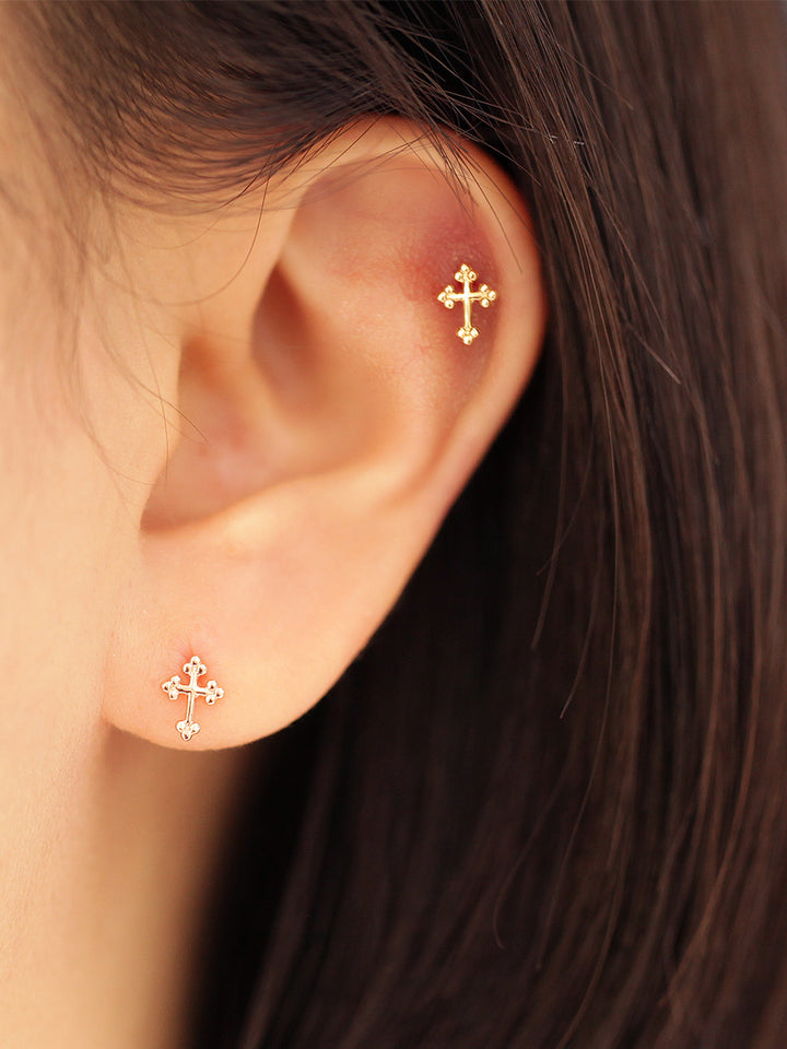 14K Gold Bubble Cross Cartilage Earring 20G