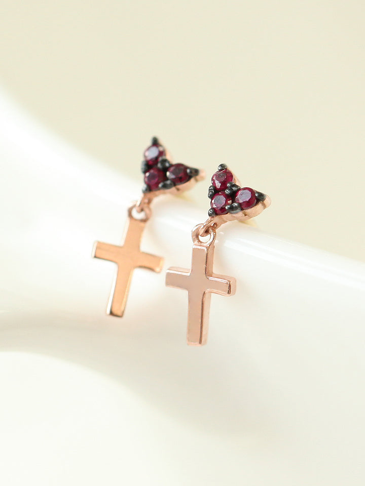 14K Gold Heart Cross Drop Earring