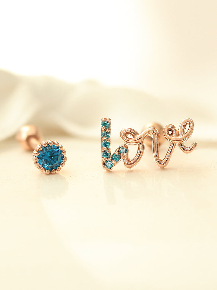 14K Gold Blue Love & Round CZ Cartilage Earring 18G16G