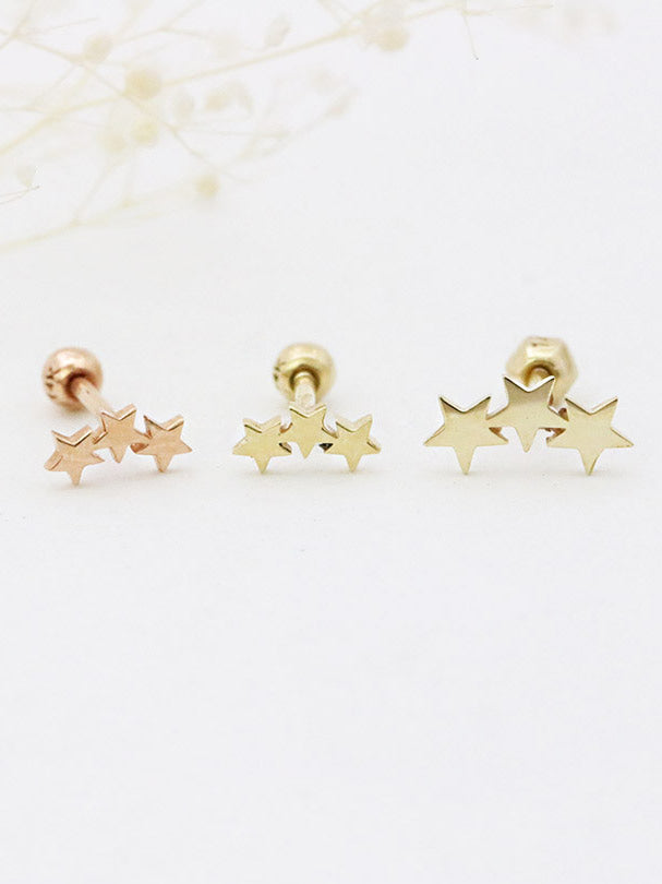 14K Gold Triple Star Cartilage Earring 18G16G