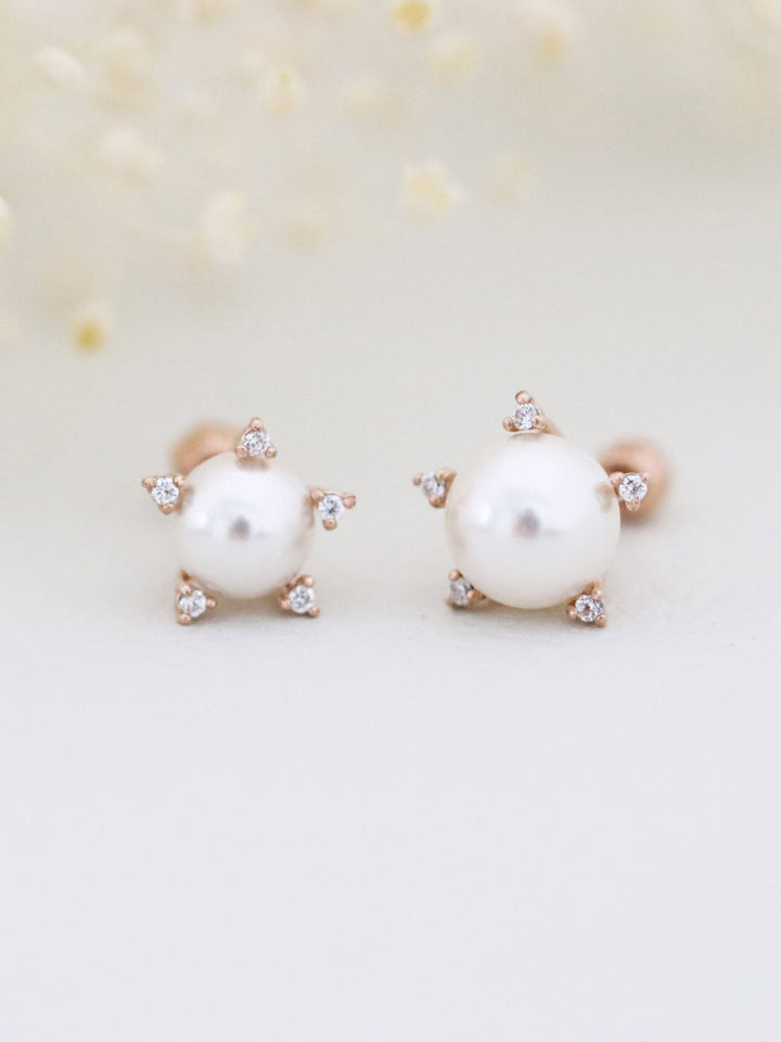 14K Gold CZ Pearl Cartilage Earring 18g16g