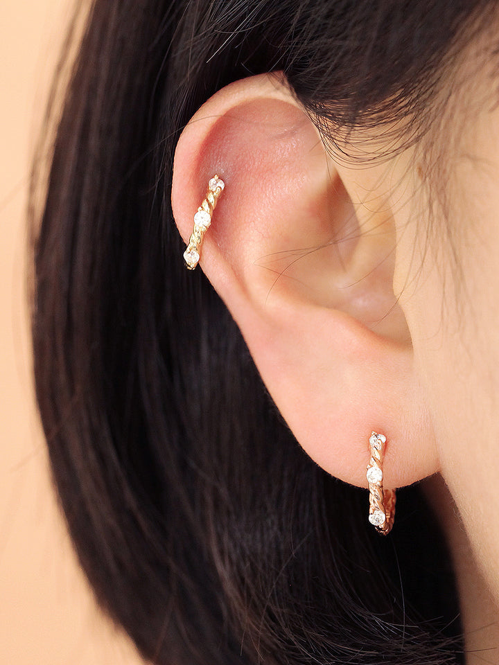 14K Gold Twist Cubic Hoop Earring