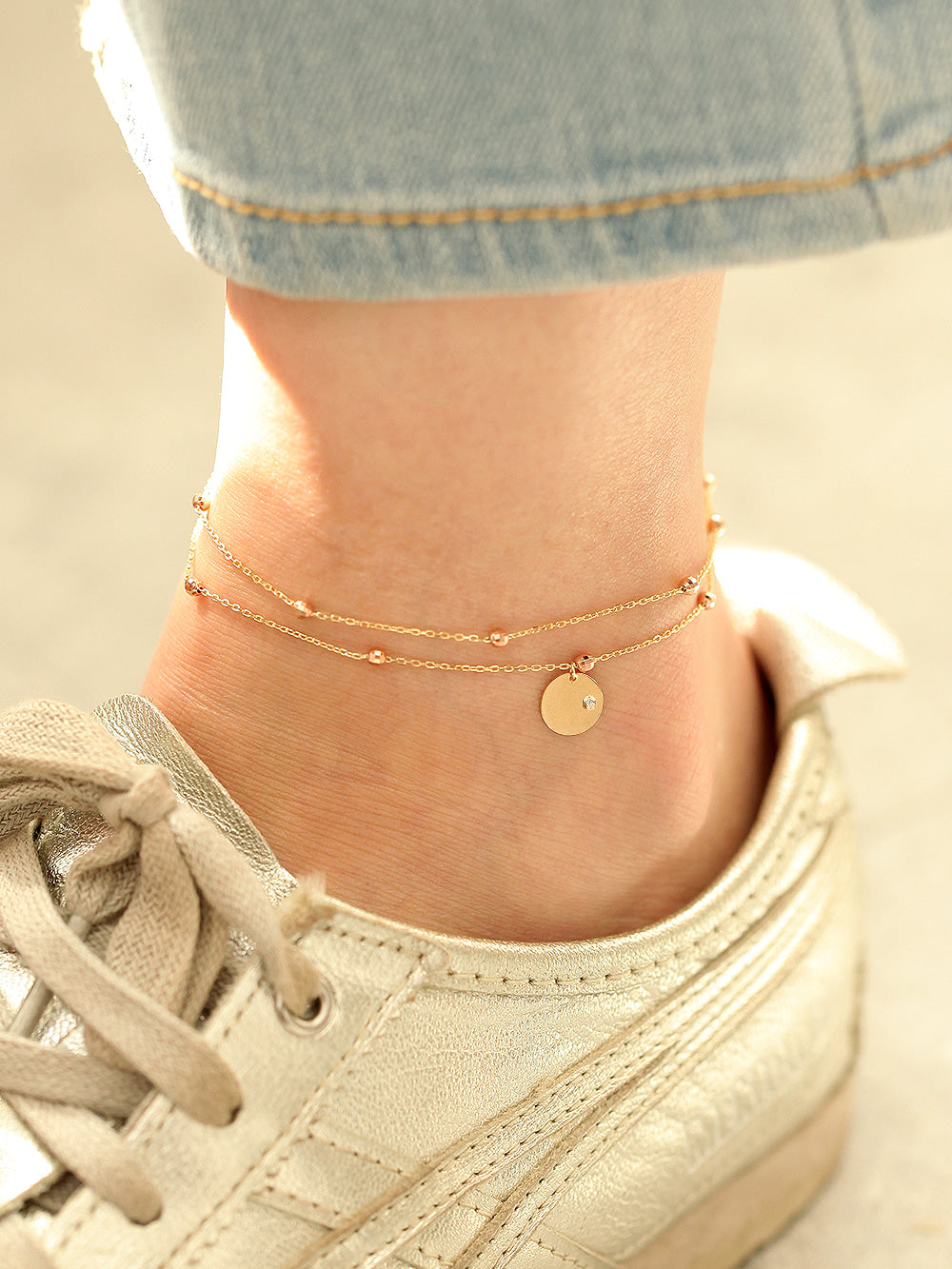 14K Gold Coin Cutting Ball Anklet