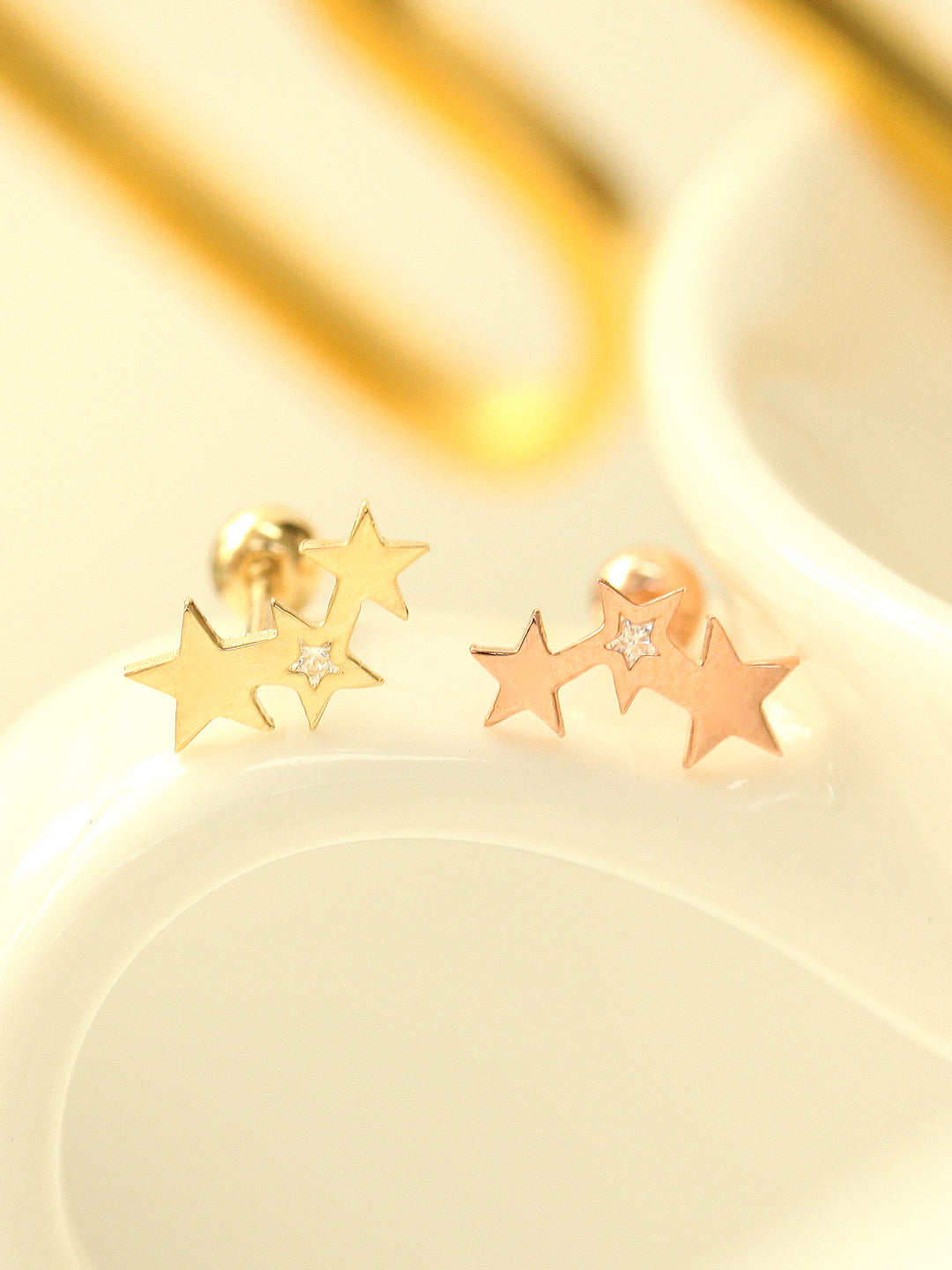 14K gold Triple Star Cubic Cartilage Earring 20G