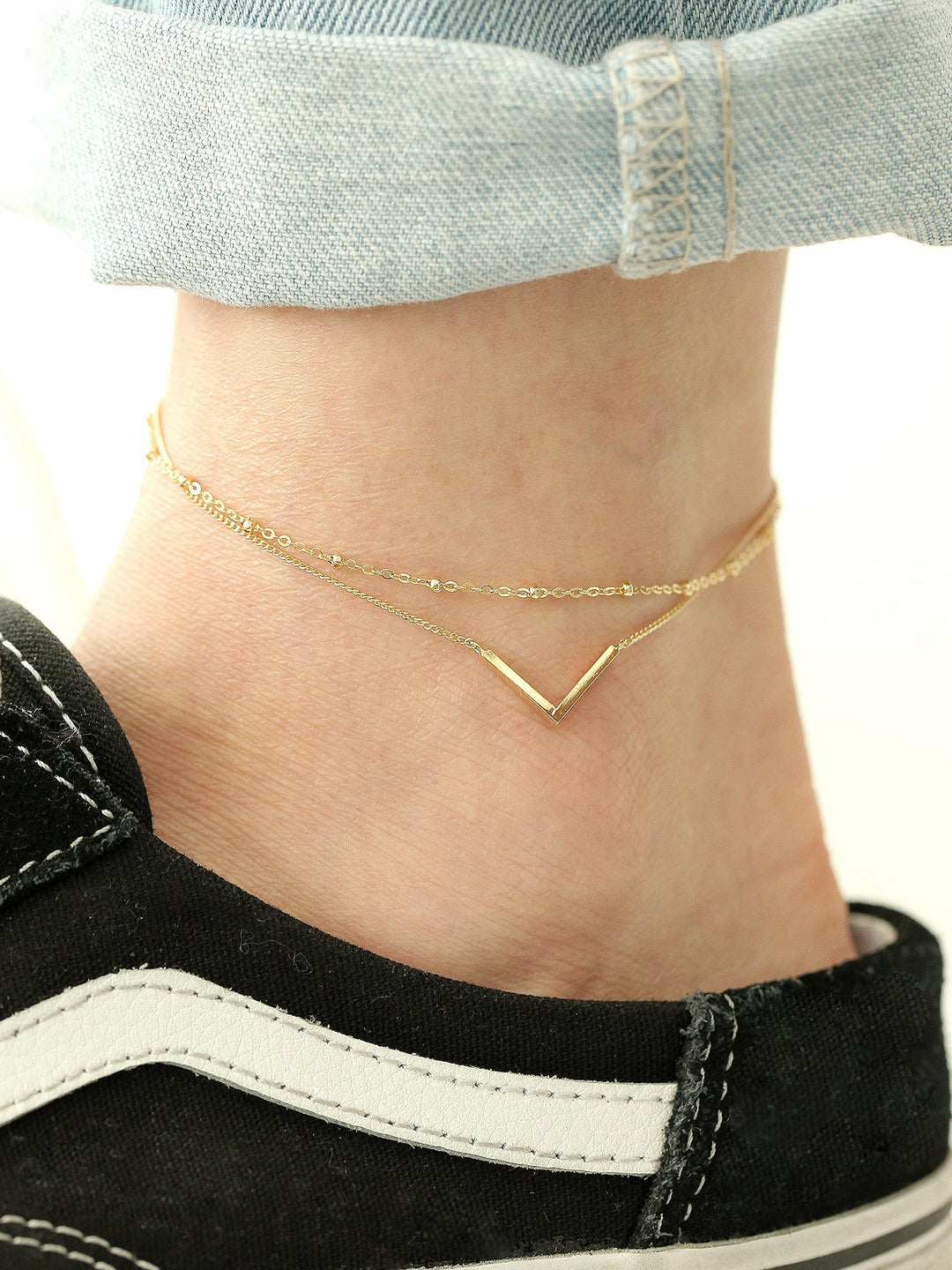 14K 18K Gold V Line Ball Anklet