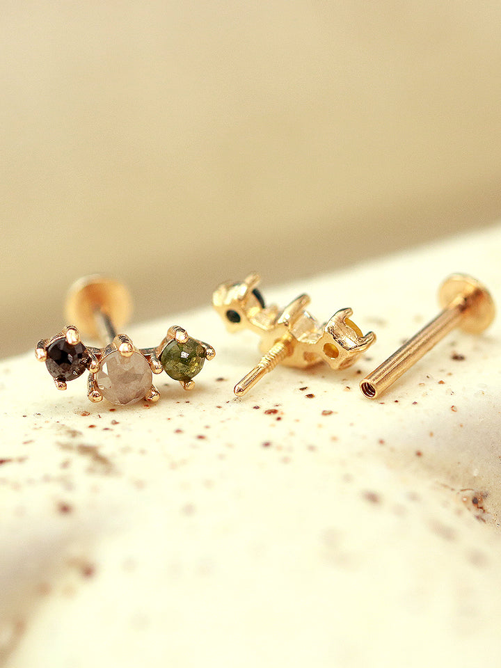 14K Gold Internal Rough Diamond Labret Piercing 18G16G