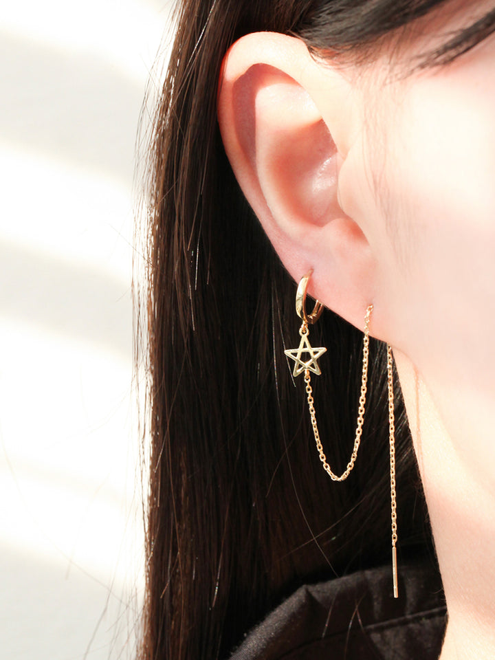 14K Gold Star Long Drop Hoop Earring